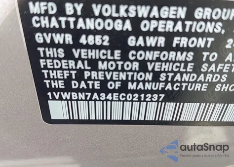 2014 Volkswagen Passat 2.0L Tdi Se from USA, damaged, VIN 1VWBN7A34EC021237